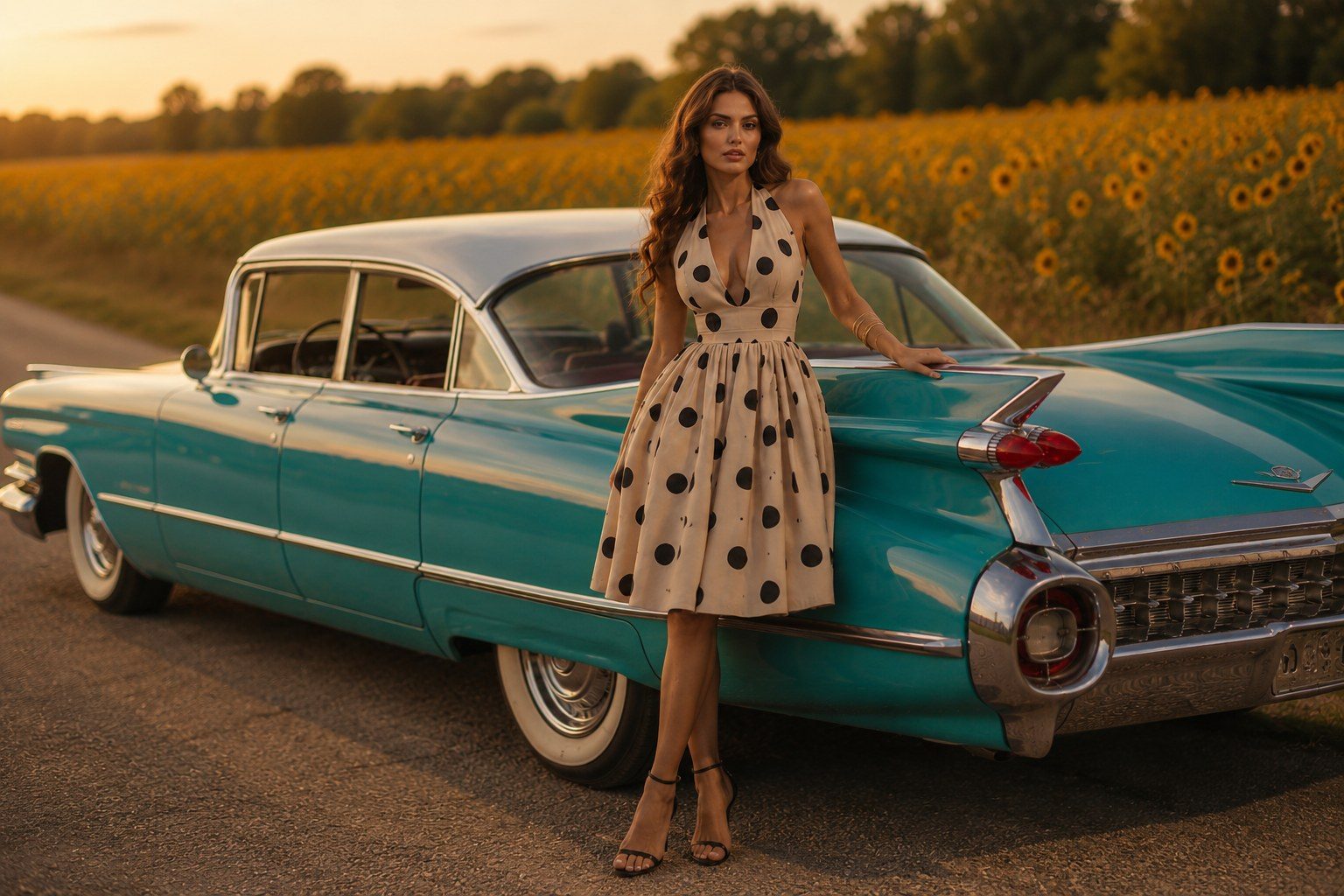 Model beside a turquoise classic Cadillac in a sunflower field at sunset